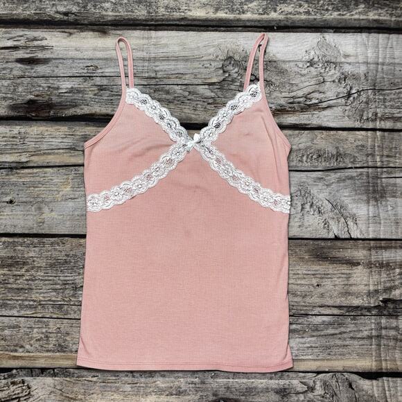 Y2k Cami Tank Top Lace Trim Bow Fairy Dainty Romantic Beachy Womens Large - Picture 1 of 6